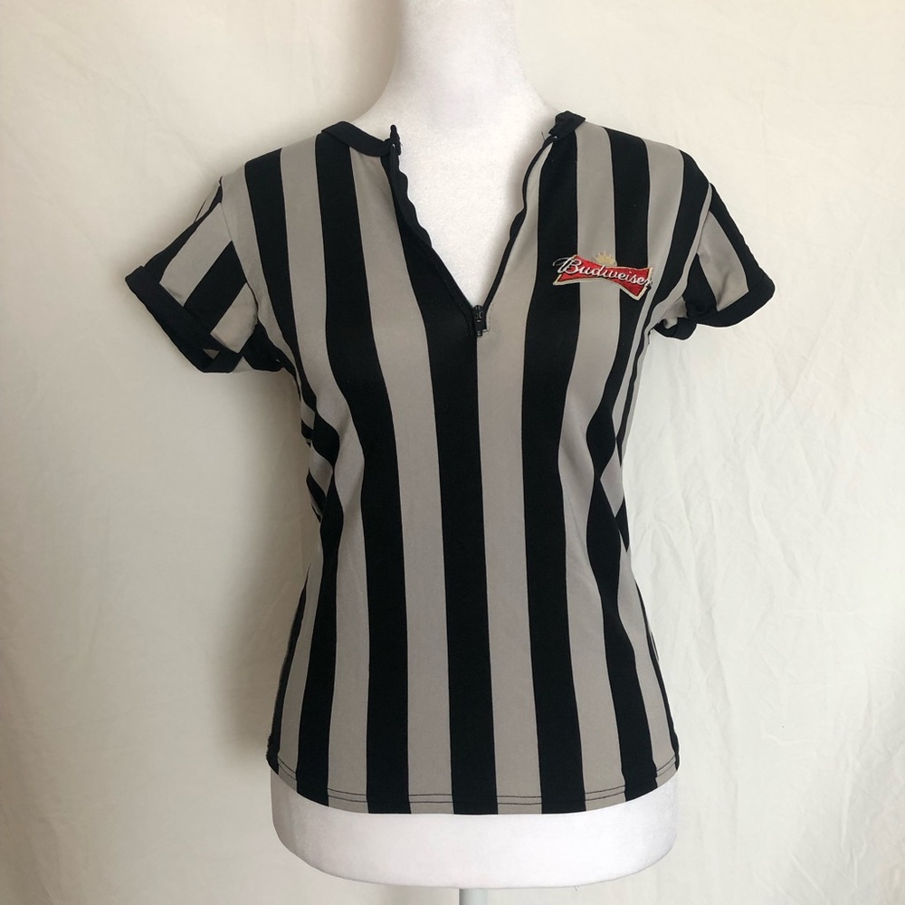 Budweiser Black and Grey Striped Women's Top